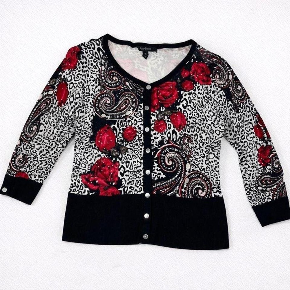 White‎ House Black Market Cardigan XL Rose Paisley Leopard Print